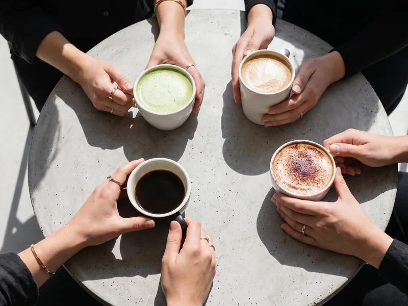 Cuatro manos con cafés y matcha en mesa de mármol — comunidad de hogares unipersonales unente