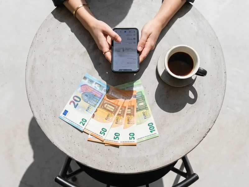 Plano cenital de smartphone con app financiera, billetes de euro y café — gestión económica de hogar unipersonal unente