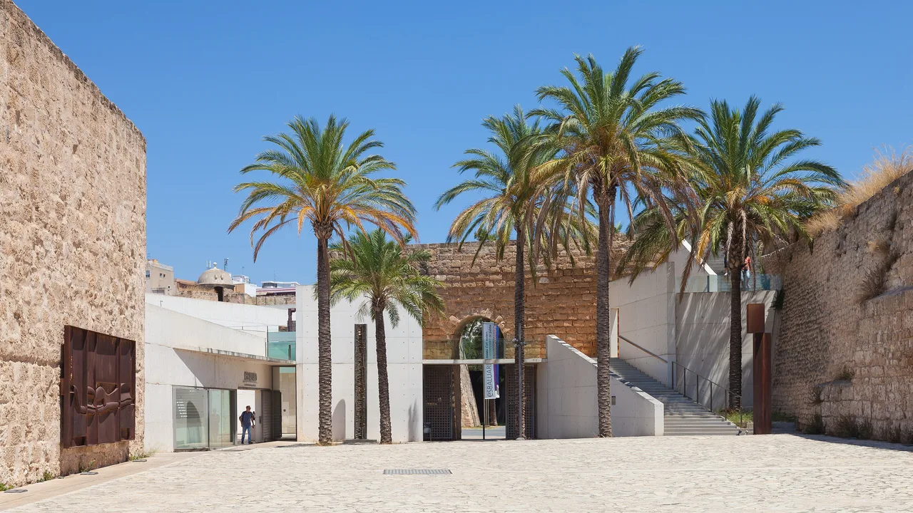 La explanada del baluarte de Sant Pere, con la muralla de piedra a los dos lados, las palmeras y los volúmenes blancos del museo.