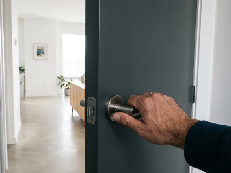 Plano detalle de mano abriendo puerta interior con vista a sala luminosa — hogar unipersonal con criterio propio unente